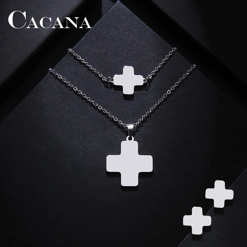 CACANA Stainless Steel Sets For Women Red Cross Shape Necklace Bracelet Earring Jewelry Lover's Engagement Jewelry S289