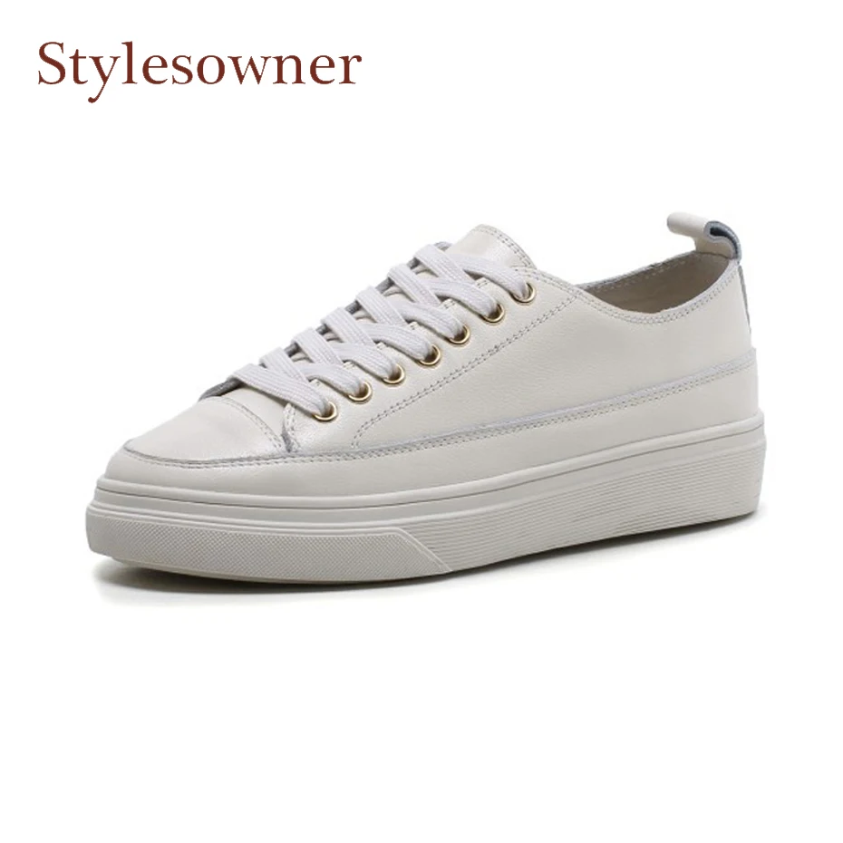 

Stylesowner genuine leather women white shoes for spring thick bottom lace up casual sneaker shoes round toe loafers shoes women