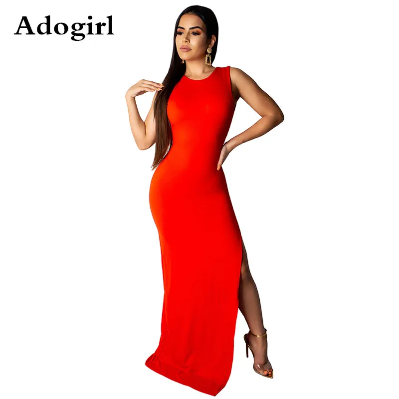 Buy Elegant One Button Metal Belt Open Back Maix Dress O Neck High Split Sleeveless Night Clubwear Party Dress Bodycon Skinny Dress