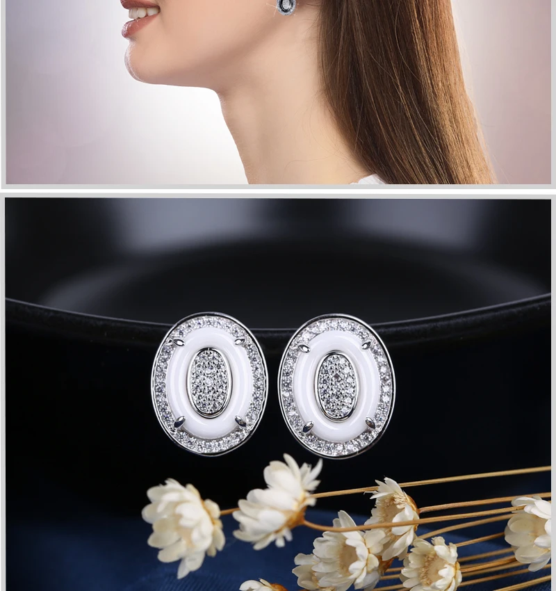Роскошные серебряные овальные серьги с белым камнем для женщин, блестящие CZ керамические u-образные серьги-гвоздики, ювелирное изделие, массивные украшения