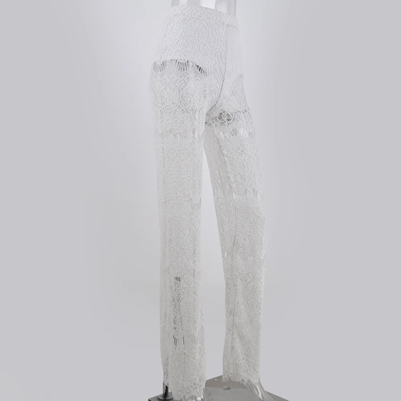 Articat белые женские сексуальные кружевные штаны с высокой талией, вязаные прозрачные Широкие штаны, Повседневные Вечерние женские брюки