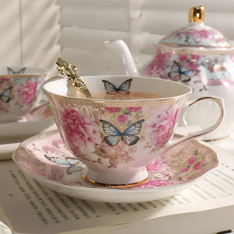 British Style Rose Paint In Gold Bone China Coffee Cup And Saucer Set ...