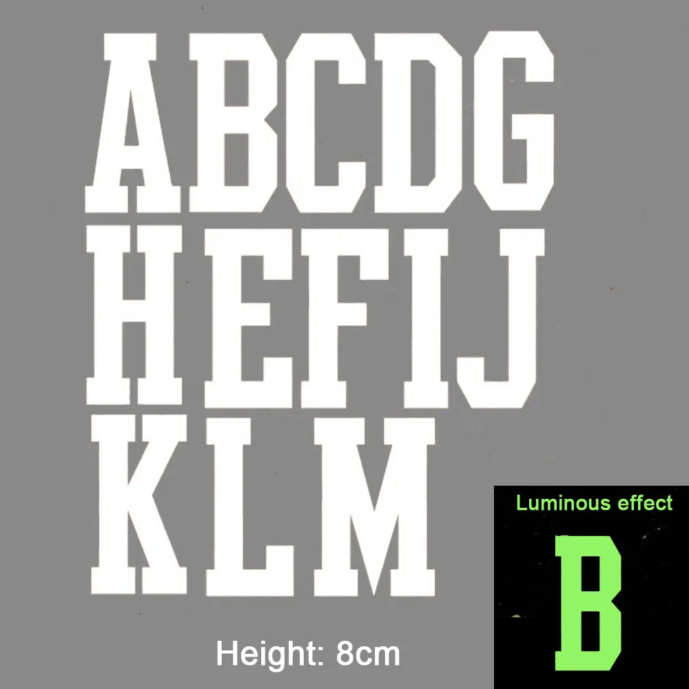 

high 8cm luminous English Alphabert patches for clothing letter iron on heat transfer applique funny diy design clothes stickers
