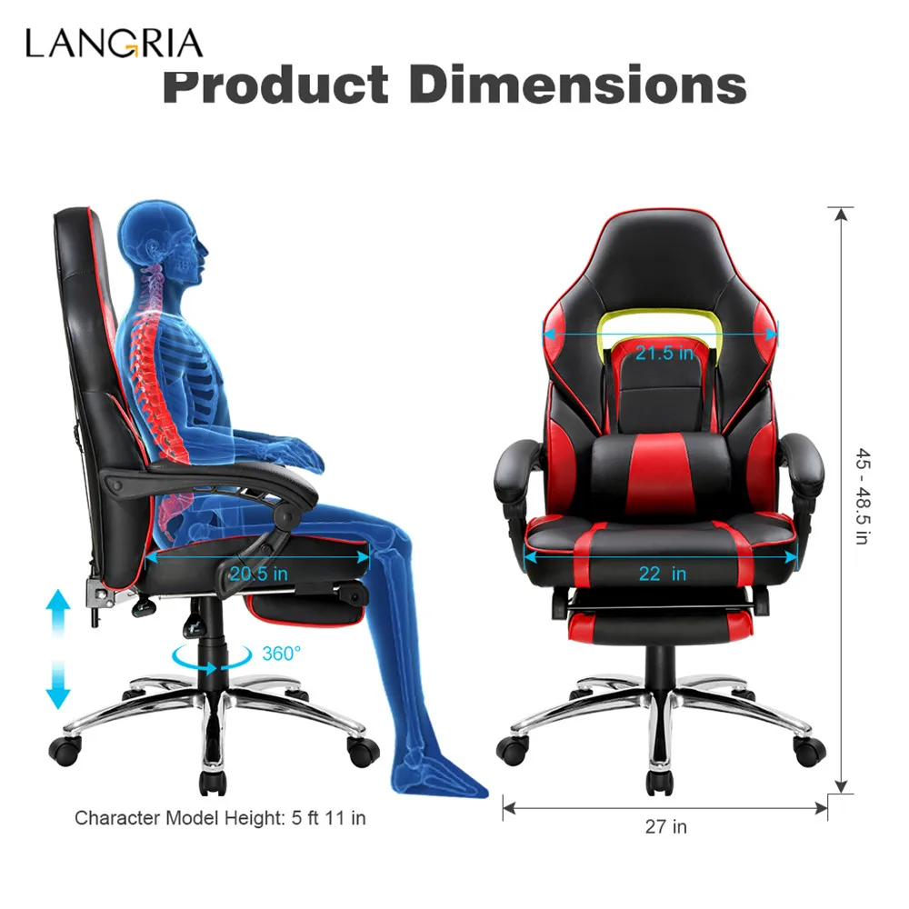 LANGRIA, регулируемое офисное кресло, эргономичное, с высокой спинкой, из искусственной кожи, В гоночном стиле, откидное кресло для компьютера, для игр, для руководителя, подставка для ног