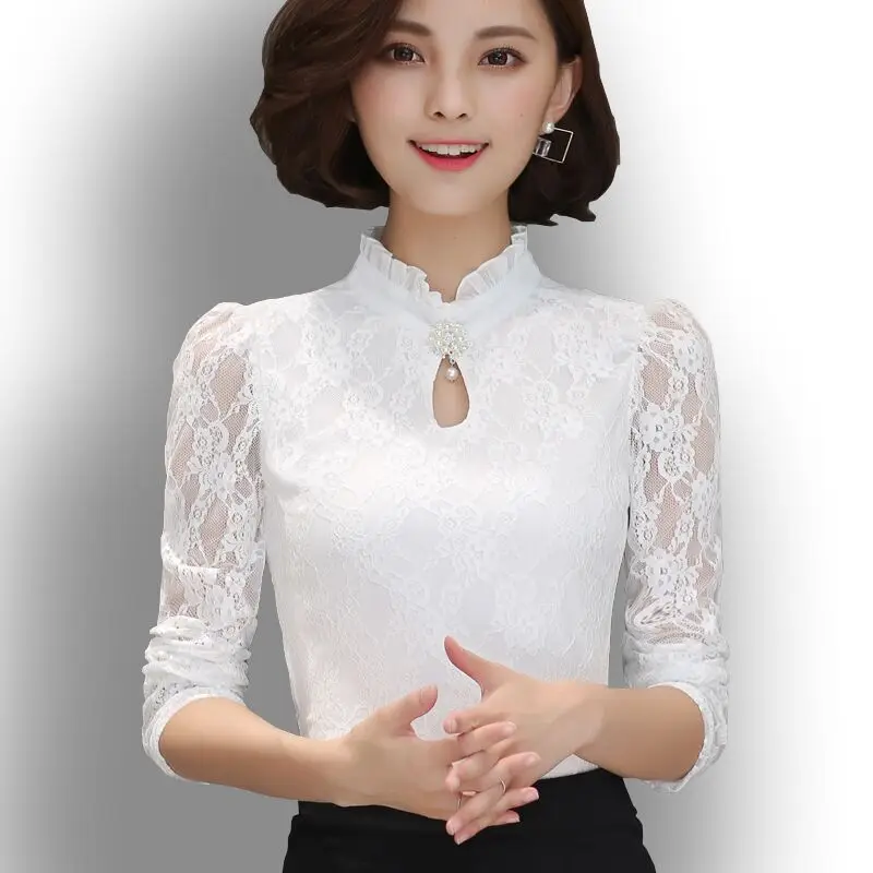 Blusa feminina офисные осень зима Женская кружевная блузка размера плюс с длинными