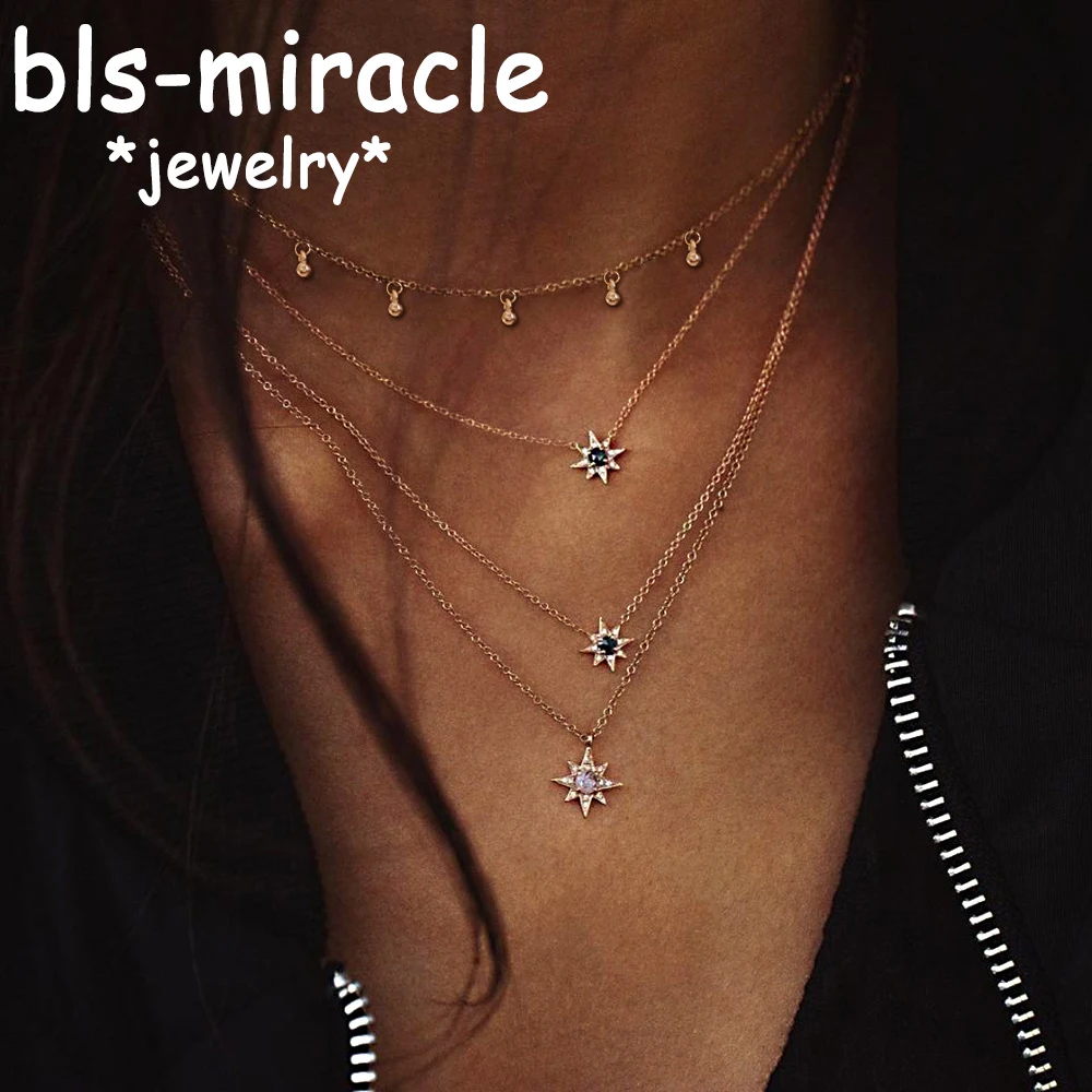 

Bohemia Six-pointed Star Crystal Pendant Necklace For Women Choker Minimalist Beads Chain Multi Layered Necklaces Jewelry Gift