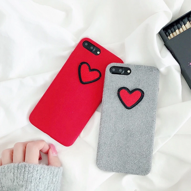 Aoweziic Flannelette embroidery red love Case For iPhone6s 8Plus hot chic Case For iPhone X XS MAX XR 7 8Plus  Capa Fundas Coque