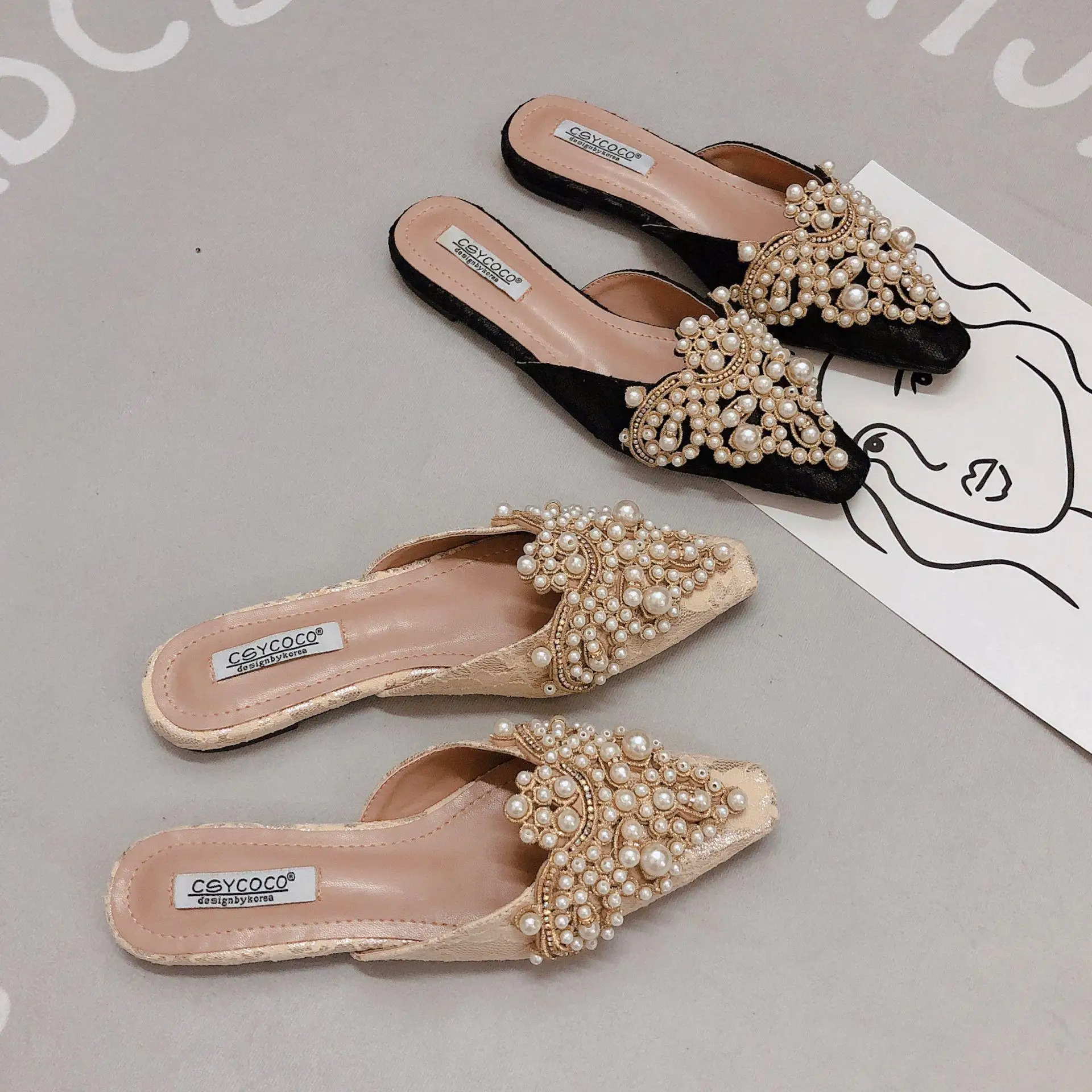 

Women Pearl Beads Mules Rhinestone Slippers Flat Heel Slip-on Slippers Lady Slides Lace Shoes
