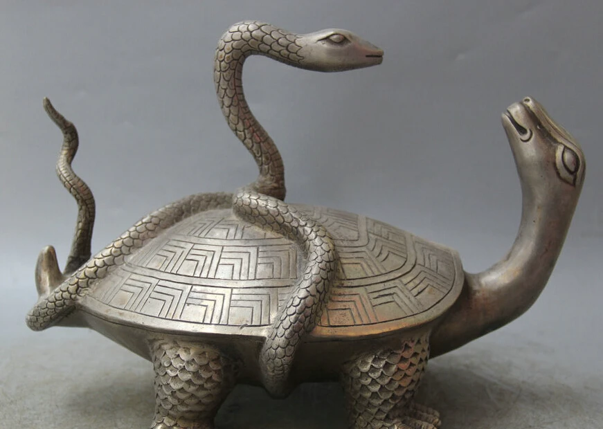 

12" Chinese Feng Shui Silver 4 Sacred Beast Xuanwu Tortoise Turtle Snake Statue R0710 (B0413)