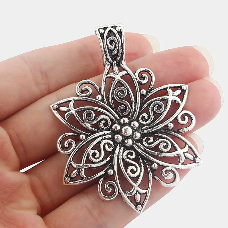 5pcs Large Antique Silver Open Filigree Flower Charms Pendants Jewelry