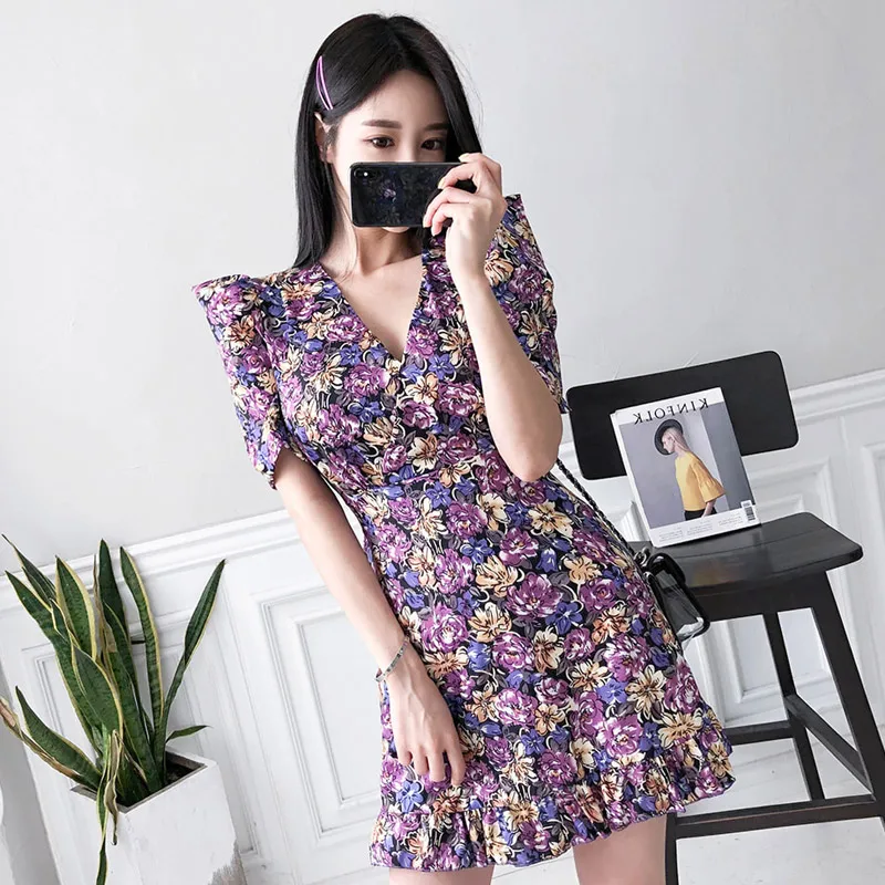 

Floral Print Elegant Short Dress Women V-neck High Waist Ruffles Short Dresses Female Casual Lace Up Bodycon Vestidos 2019