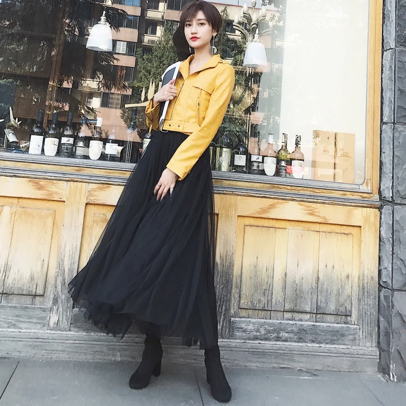 

UPPIN Tulle Skirts Womens Black Gray White Adult Tulle Skirt Elastic High Waist Mesh Long Pleated Tutu Skirt Female Plus Size