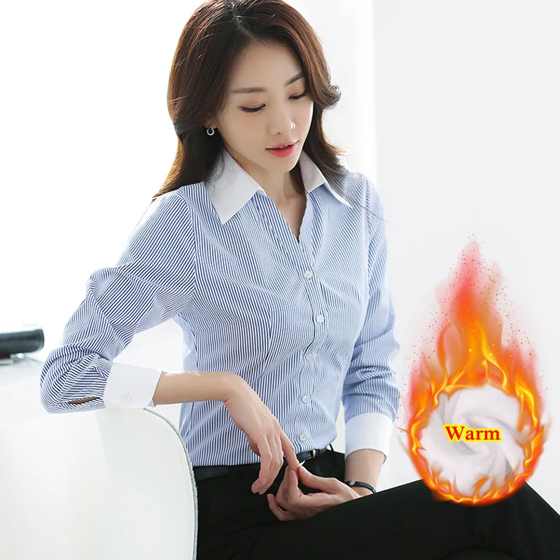 

Winter Plus Velvet Women Shirt V Neck Blusas Femininas Tops Long Sleeve Elegant Stripe Ladies Formal Office Blouse Plus Size