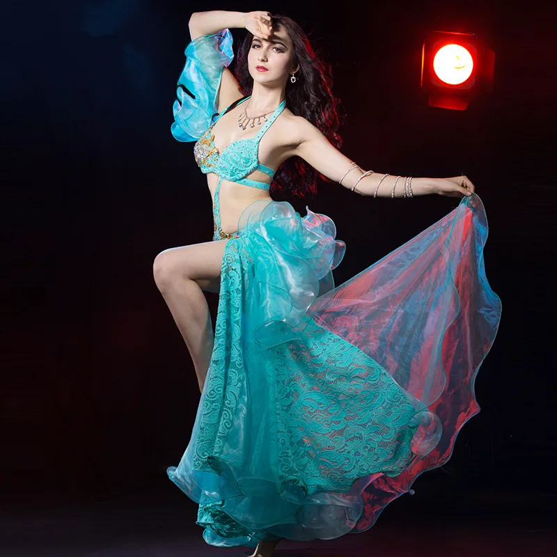 Живота Танцы живота Индийский, цыганский Танцы танцевальный костюм костюмы одежда Бюстгальтер, пояс платок с цепочками кольцо юбка комплект с платьем костюм 281 - Цвет: lake blue bra skirt