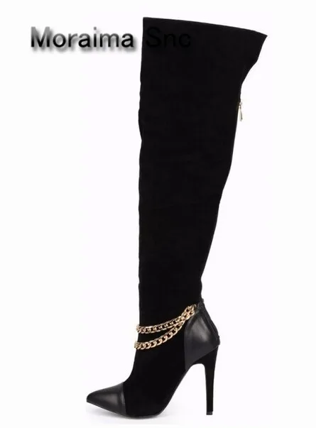 Moraima Snc Red brown black pointed toe metal chain high heels boots women sexy thigh high boots stiletto heel winter hot sales moraima snc red boots transparent high heels boots women square toe mid calf rainboots sexy ankle boots for women bottine femme