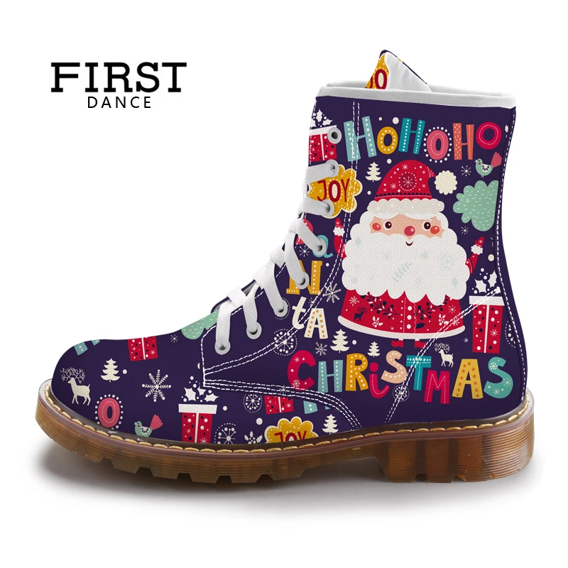 Koop EERSTE DANS Kerst Leuke Kerstman Vrouwen Martins Laarzen Paars Gedrukt Dames Schoenen Lente Custom Vrouwelijke Mid Kalf Laarzen