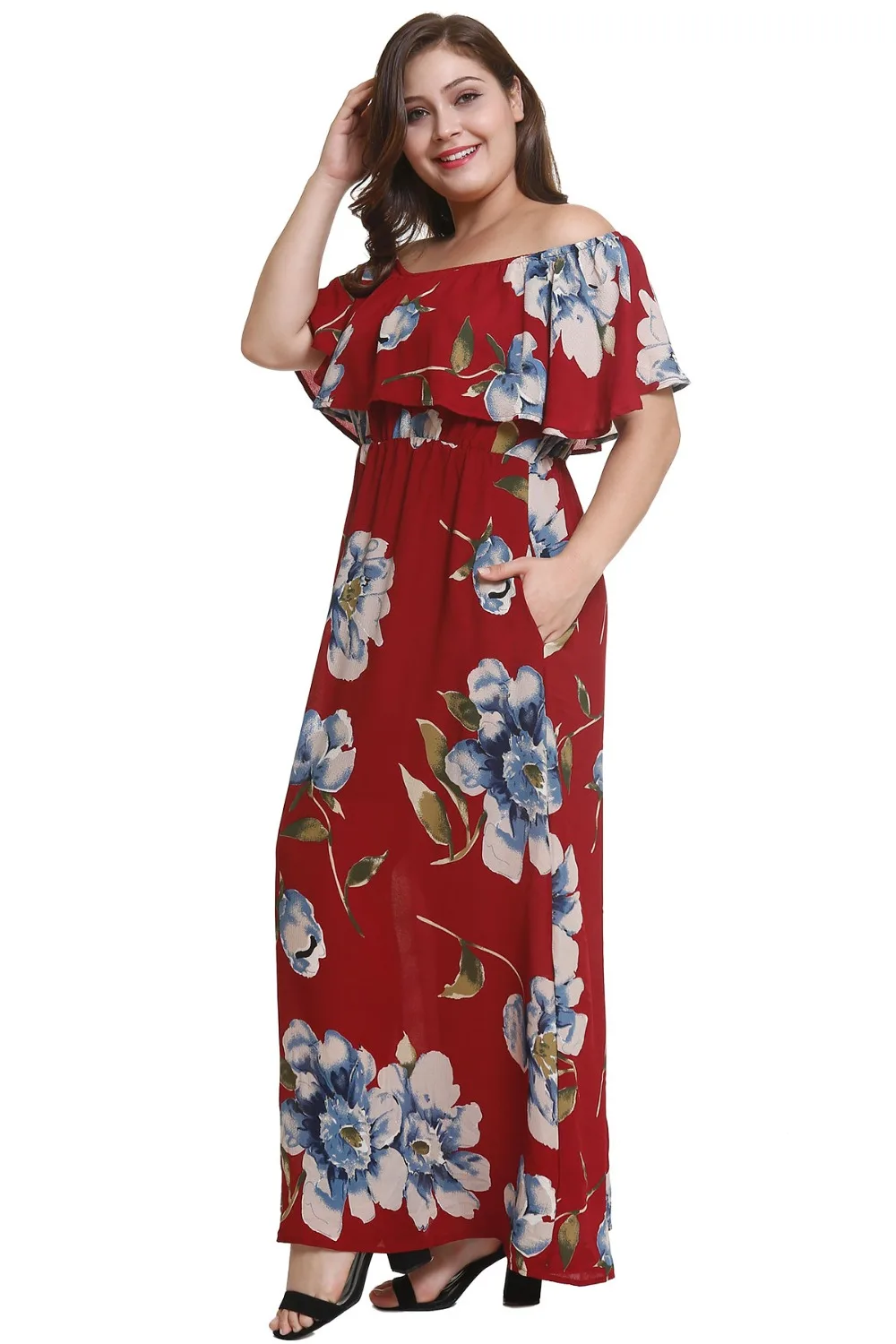 Gladiolus Sexy Off Shoulder Ruffles Women Slash Neck Floral Print Pocket Summer Maxi Dress Casual Plus Size Robe Femme Ete 2018 (11)