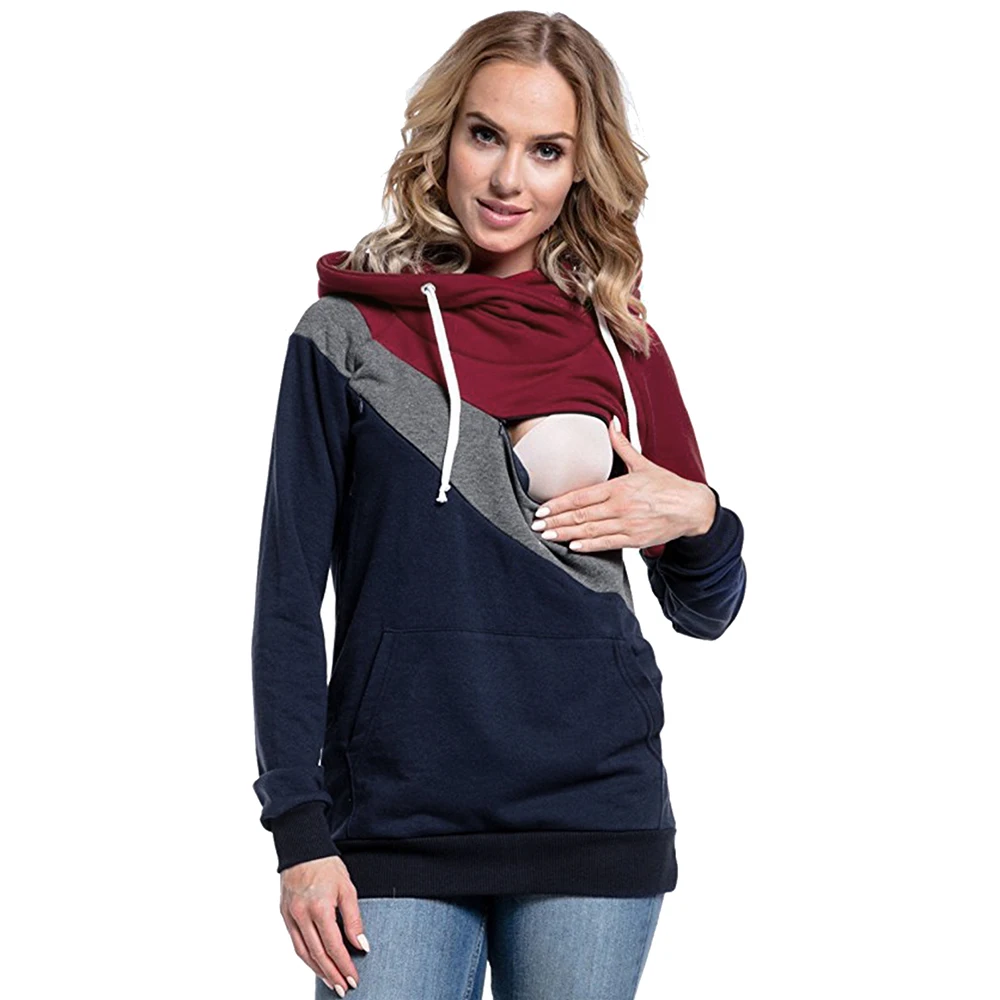 Plus Size Pregnancy Nursing Long Sleeves Maternity Clothes Hooded Breastfeeding Tops Patchwork T-shirt for Pregnant Women