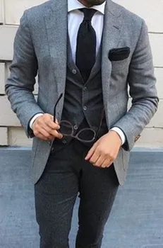 Ceny Najnowsze Wzory Płaszcz Pant Szary Tweed Mężczyźni Garnitur Slim 3 Sztuka Tuxedo Niestandardowy Pan Młody Garnitury Męskie Blazer Terno Masculino Kurtka + Spodnie + Kamizelka