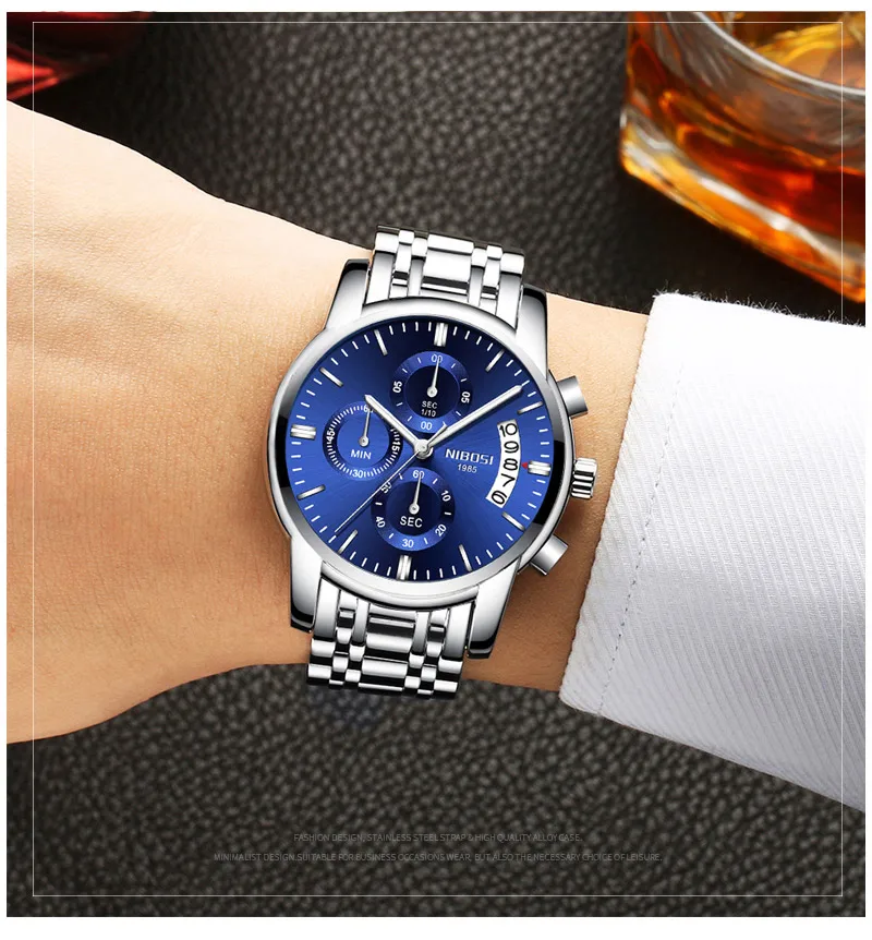 NIBOSI Mens Watches Top Brand Luxury Premium Luxury Fashion Luminous Waterproof Watch High-end Calfskin Pure Steel Strap Blue (16)