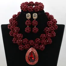 Luxury Lady Wedding Bride Beads Jewelry Set Wine Red African Crystal Bead Necklace Set Fashion Women Jewelry Free shipping QW116