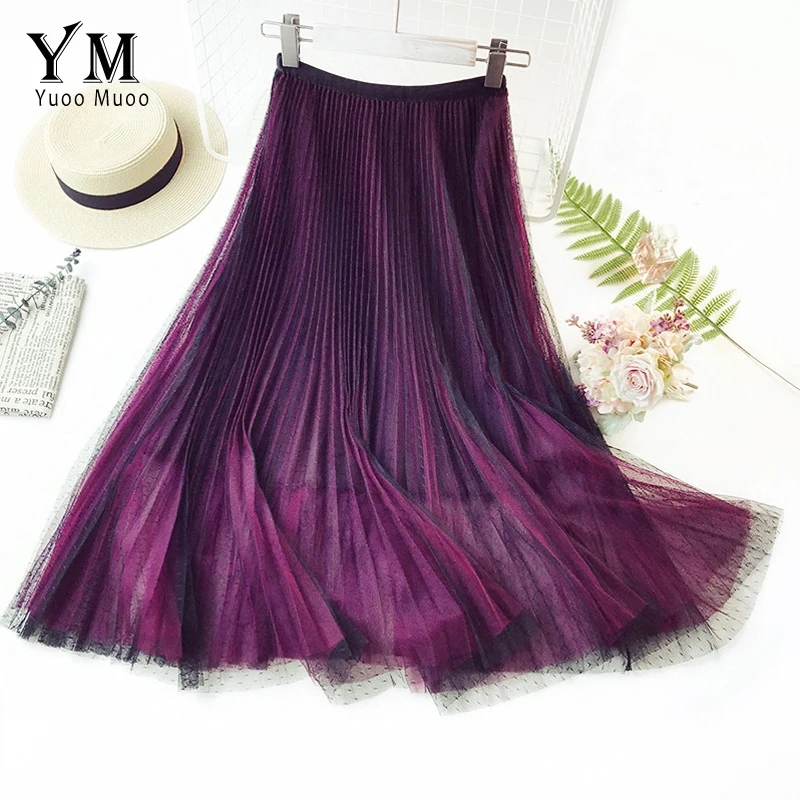 

YuooMuoo New 2019 Women Tulle Skirt Autumn Polka Dot Elegant Pleated Skirt Ladies Vintage High Waist Long Skirts Harajuku Skirt