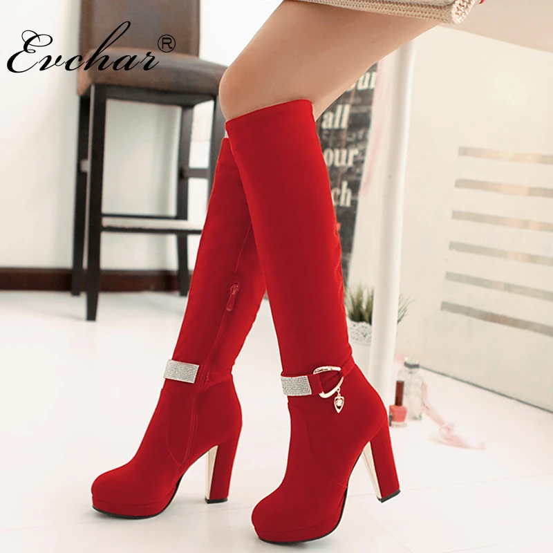 

Nubuck PU Black,Red pointed toe Square high heels women fashion Martin boots Western metal belt buckle ladies shoes size 34-43
