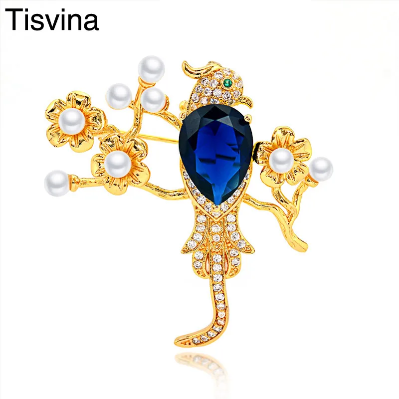 

Tisvina 2018 New Pearls Big Blue Crystal Bird Brooches for women men kids Interesting Animal Brooch pins Pendant Corsage jewelry