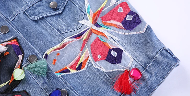 Colorful Butterfly Embroidery Ladies Jean Jackets Patch Designs Womens Denim Coats with Tassel Short Chaquetas Mujer Slim Jacket 13