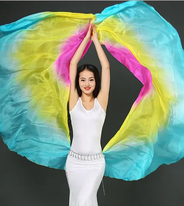 Дешевые градиентные полукруглые шелковые вуали для танца живота 5 мм натуральный шелк 2,5 м x 1,14 м машинные свернутые края разные цвета