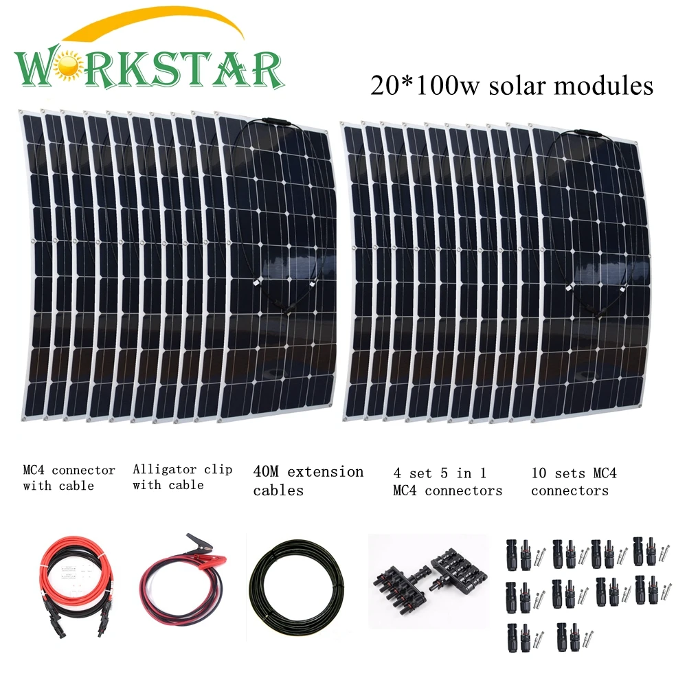 

20pcs Mono 100w Solar Panels Modules with MC4 Connectors and Cables House Use Off Grid Solar 2000W Power System Factory Price