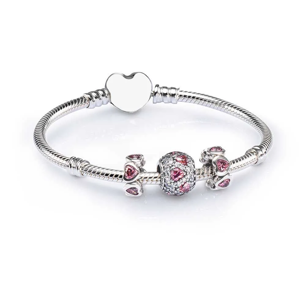 

Kristie 100% 925 Sterling Silver SALE - PINK HEART PAVE BALL CHARM BRACELET SET fit DIY Original charm Bracelets jewelry A Set