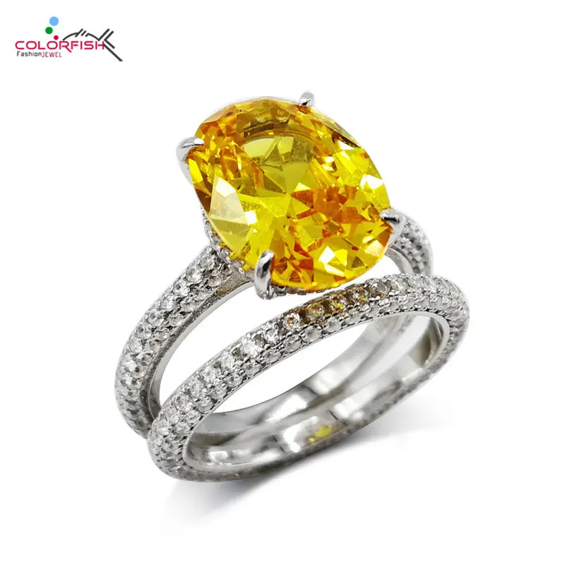 

COLORFISH 2 Pcs Solitaire 925 Sterling Silver Wedding Rings For Women 5ct Oval Yellow Stone Fashion Jewelry Engagement Ring Set