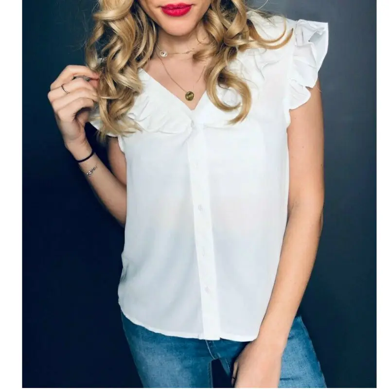 

Lady Casual Ruffle Armhole White Blouse Women Minimalist White V-Neck Summer Blouse Womens Tops