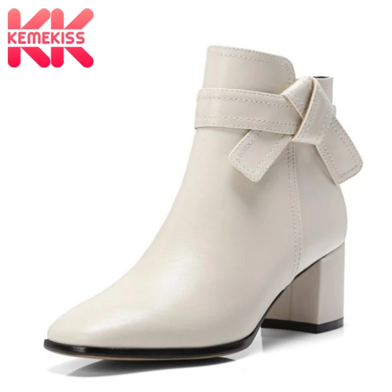 Kemekiss Cuir Hauts noir Femme Beige En Chaussures Bottes Véritable D'hiver 39 Talons Chaudes Fourrure Bowtie 34 Cheville Taille Zipper Femmes Courtes rwqpBSxFXr