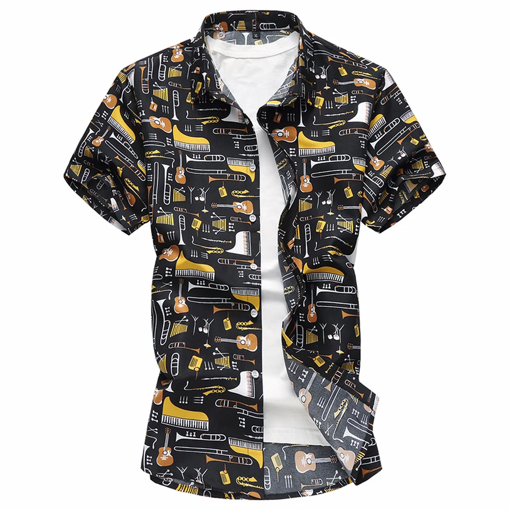 

2018 New Arrival Men's Floral blouses Casual Guitar pattern Punk style Shirts Clothing male short sleeves shirts full size M-7XL