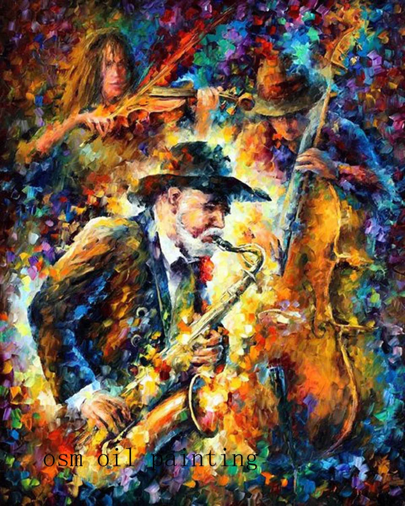 

Handmade Modern Abstract Three Men Colorful Music Life Oil Painting on Canvas Home Decoration for Hotel and Cafe Music Concert