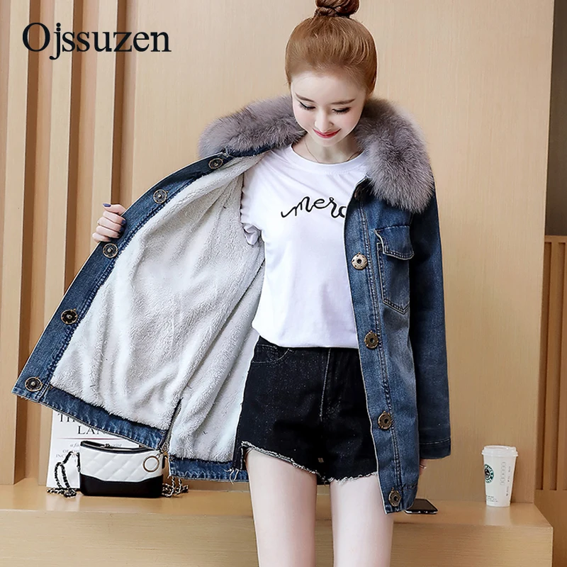 

Lambswool Women's Winter Jackets Jeans Thick With Fur Collar Warm Jackets Denim Woman Blue Black Winter Coats Plus Size 3XL 4XL