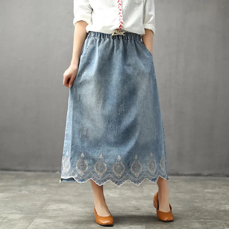 Лето 8904, Национальный стиль, Ретро стиль, потертый подол, нестандартная вышивка, цветочный рисунок, женская джинсовая юбка, большие размеры, длинные юбки для девушек