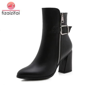 

Coolcept Women Genuine Leather Ankle Boots Zipper Plush Fur Warm Shoes Woman Buckle High Heels Boots Winter Shoes Size 34-39