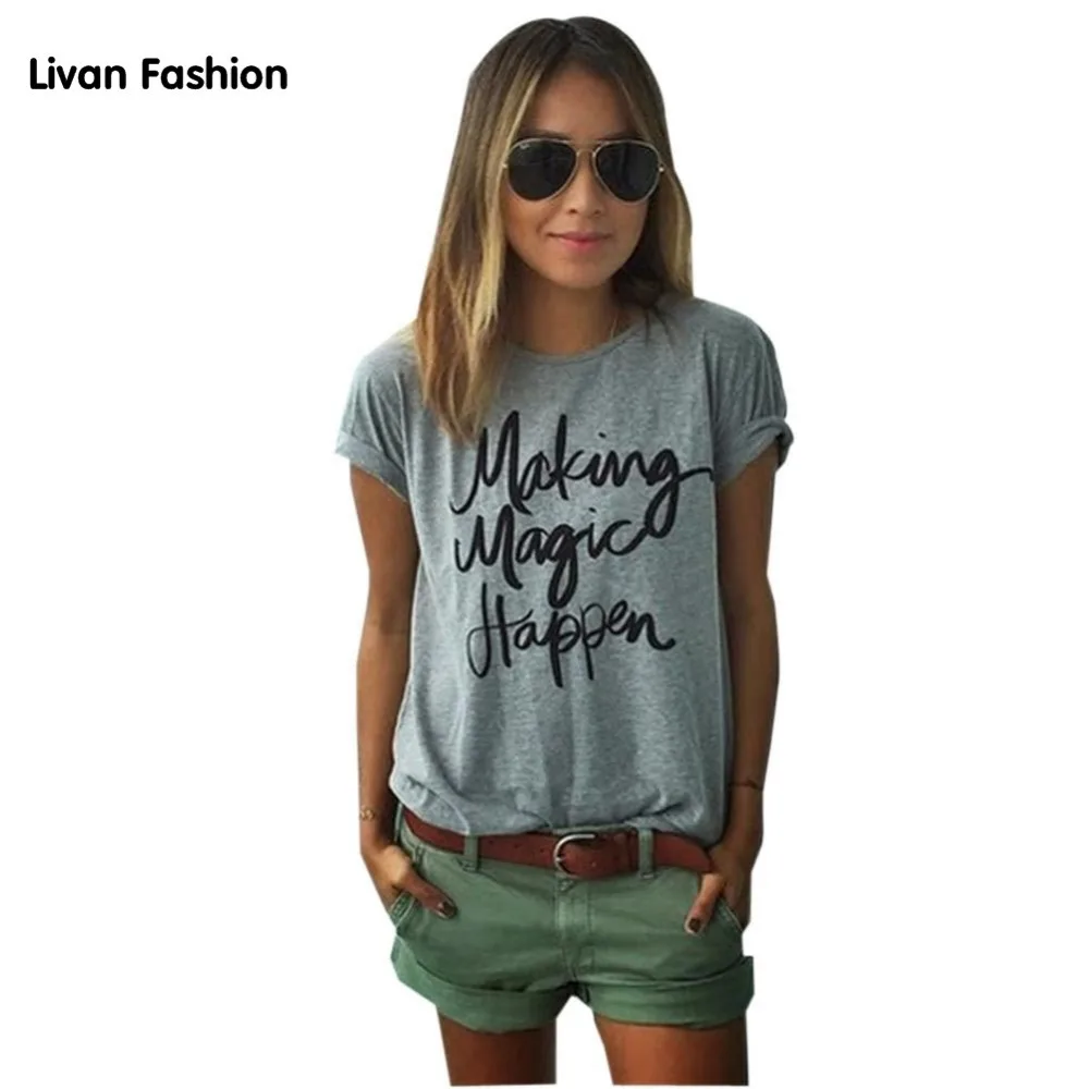 

Summer Style Fashion Magic Happen Letter Women T Shirt Cotton Tops O Neck T Shirts Black White HC-TT455
