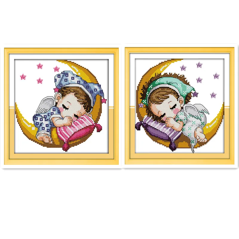 

Moon baby sleeping boy girl handmade embroidery Cross stitch pattern printed on embroidered cloth Cartoon figure