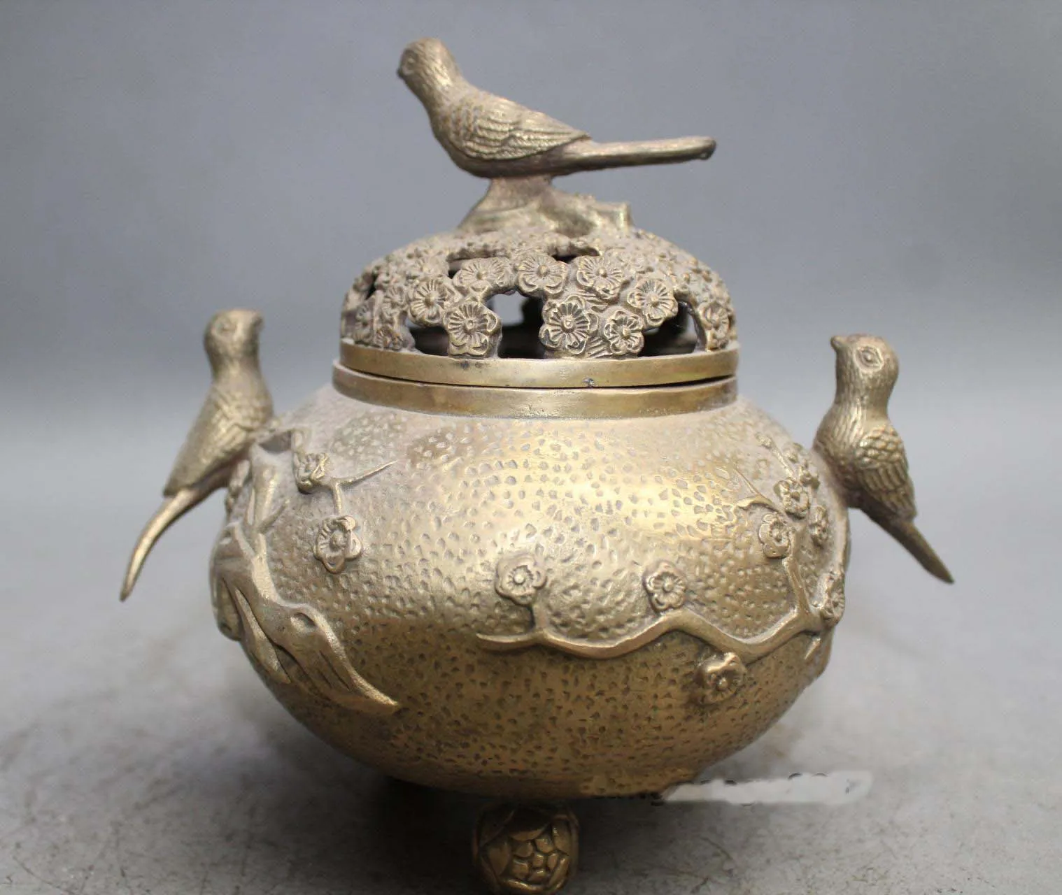 

Chinese Brass Copper Buddhism plum blossom bird incense burner censer