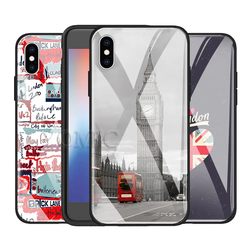 

Tempered Glass Phone Case for iPhone X XR XS MAX 7 8 Plus 6 6s Plus Cover London Style Big Ben Telephone Box Flag Luxury Case