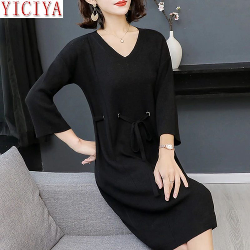

Black sweater knitted t shirt dress women plus size long sleeve winter autumn runway large dresses knitting slim elegant clothes