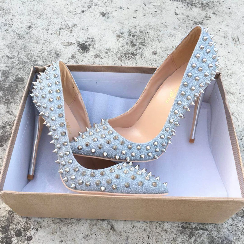 

2018 NEW PU leather high heeled lady pumps Rivet pointed toe woman party shoes slip-on sliver color wedding shoes pumps