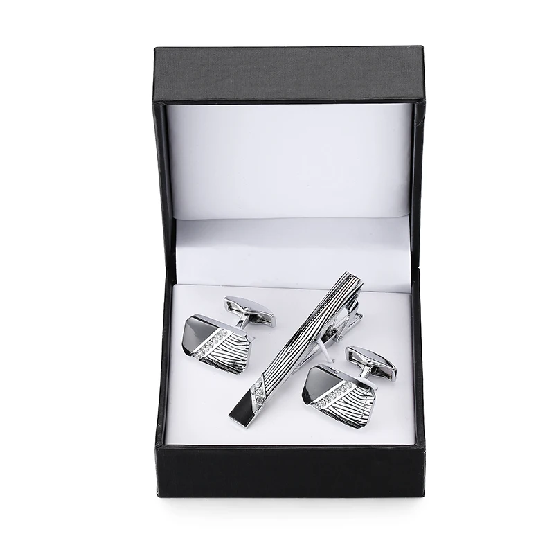 

DY A set of high-end brand Silver Black Pattern crystal Cufflinks tie clip set men French Cufflinks tie clip box free shipping