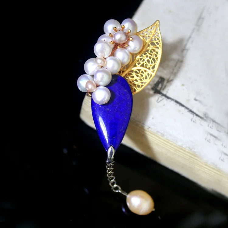 

Handmade custom brooch A511272 lapis lazuli pearl brooch pendant