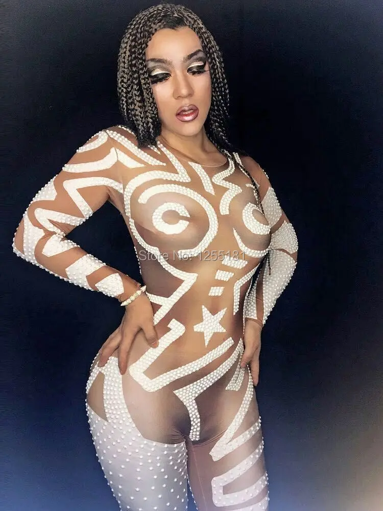 

Sexy White Rhinestones Pattern Jumpsuit Long Sleeve Rompers Celebrate Outfit Stage Show Costume Female Singer Bodysuit Wear