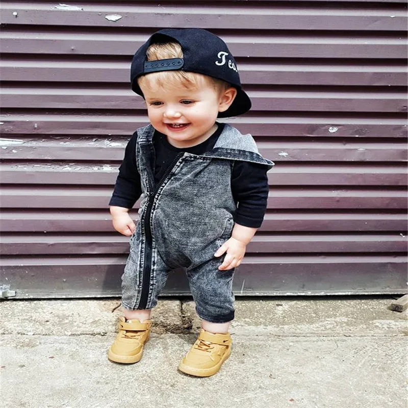 

Kids Baby Handsome Boys Toddler Denim Hoodies Sleeveless Jumpsuits Inclined Zipper Romper Summer Clothes Jumpsuit Bodysuit